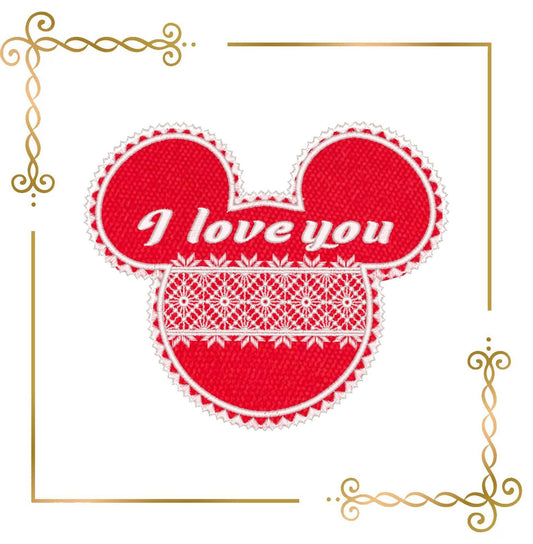 Дизайн машинной вышивки digitizingembroidery.shop в форме головы Микки Мауса с кружевным узором и надписью I love you