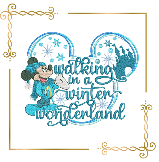 Mickey Mouse, Walking in a winter wonderland,  Greetings, embroidery design to the direct download