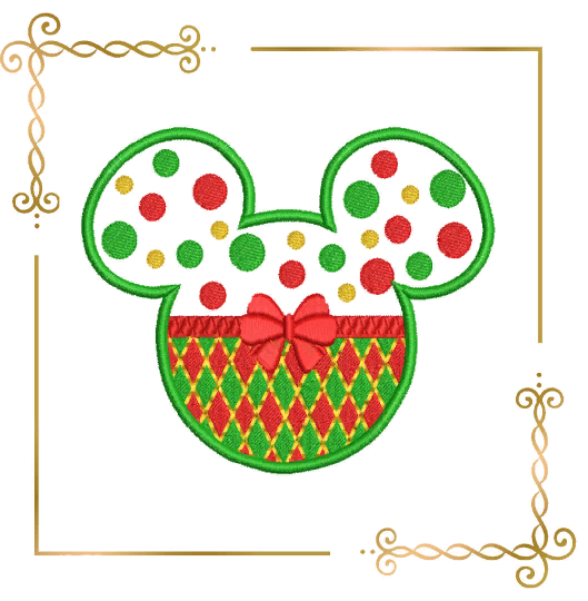 Applique Mickey Mouse Head Christmas bow multicolor  Disney digital embroidery design