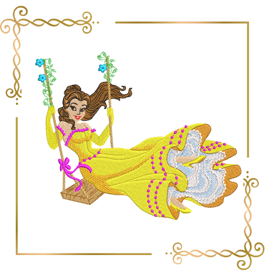 Princess Belle on the swing Disney character, magic, fairy tale, Embroidery machine design to the direct download.