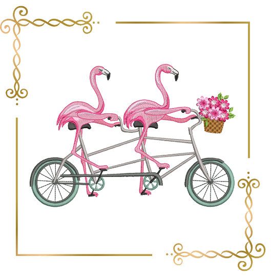 Cartoon Characters pink flamingos couple on a bicycle embroidery design to the direct download