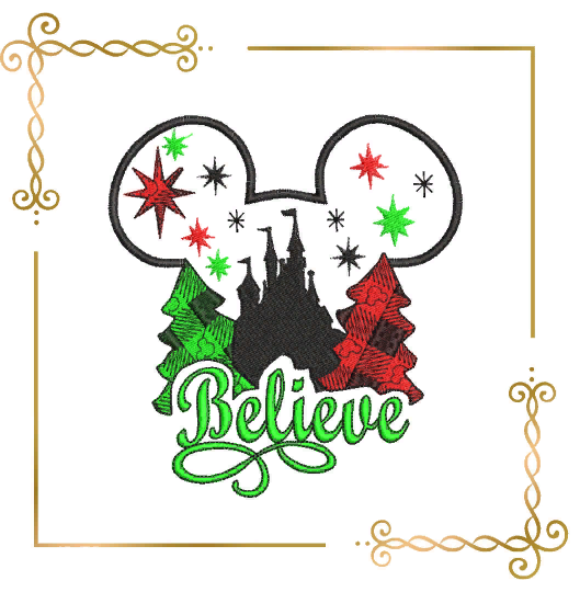 Mickey Mouse Christmas Believe Christmas Tree and Castle embroidery design to the direct download