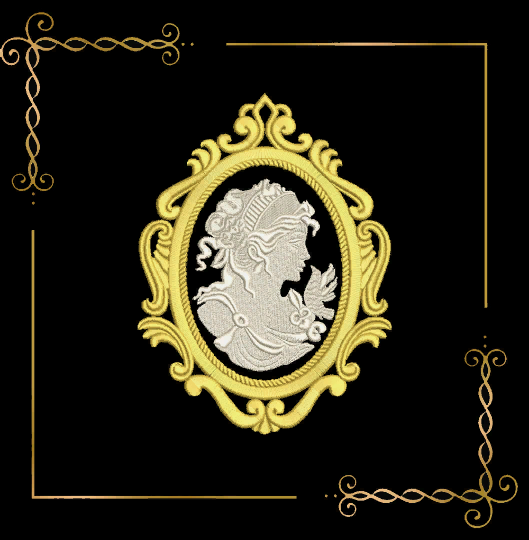 Jewelry Cameo Vintage, retro lady with a bird, embroidery design to the direct download.