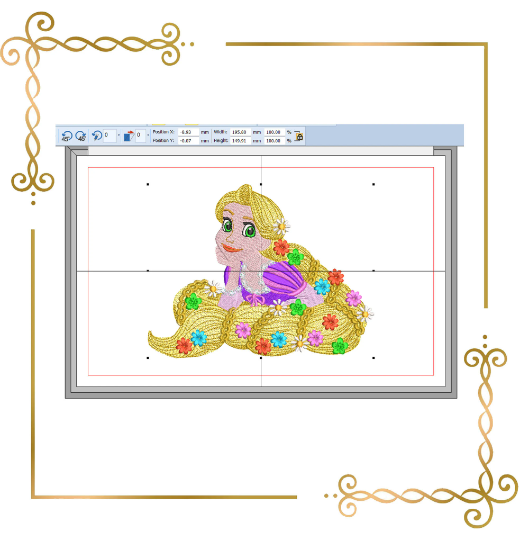 Princess Rapunzel Disney carton character  pretty dress with the braid and the flowers machine  embroidery design 