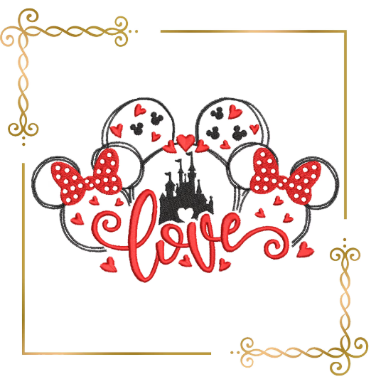 Valentine's day Minnie Mouse head love girl Castle embroidery design