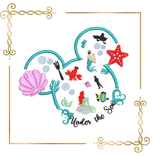Princess Ariel Minnie Mouse head mermaid seashell starfish accessories Disney character embroidery design