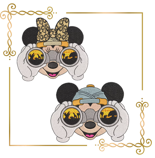 Mickey and Minnie  Mouse binocular, safari, Fantasy, parody,  embroidery design to the direct download.