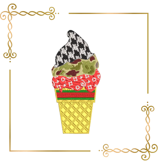 Eiscreme Sweet Surprise Fashion, Chanel, Louis Vuitton, Millitary, Gucci Eiscreme in einer Waffel-Stickerei