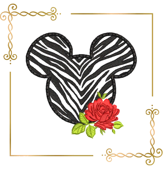 Applique Minnie Mouse head zebra rose  Disney digital machine embroidery design