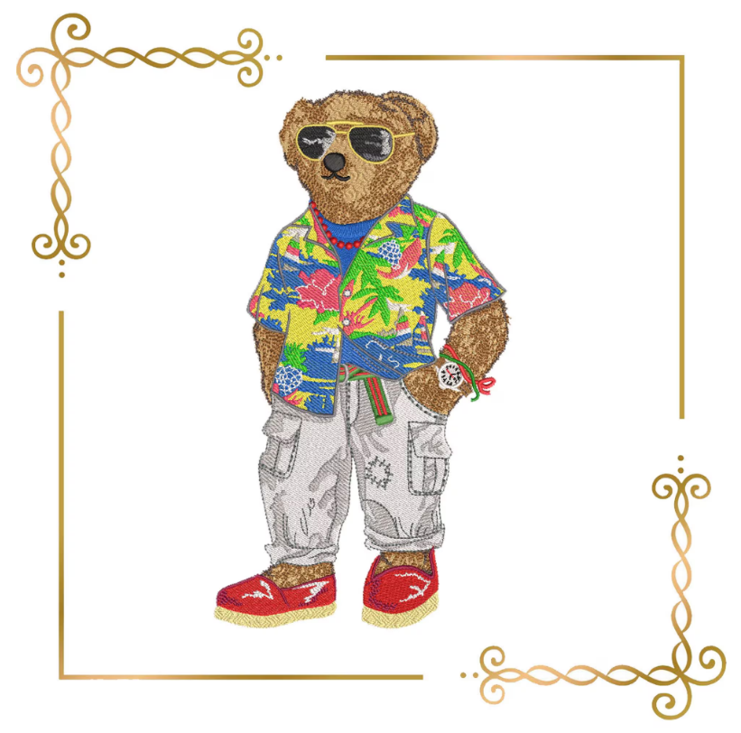 Super Fashion Teddy Bear Tropical Vibes Fashion Bear in Glasses Embroidery Design in two large sizes