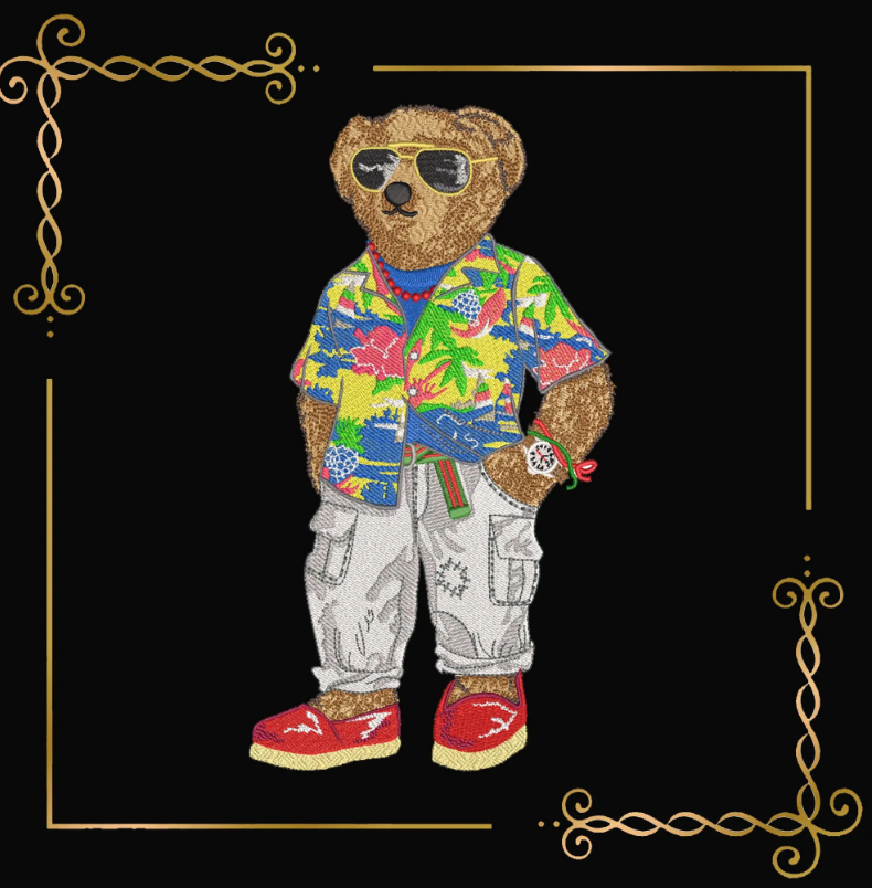 Super Fashion Teddy Bear Tropical Vibes Fashion Bear in Glasses Embroidery Design in two large sizes