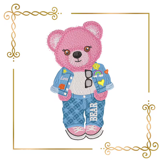 Teddy Bear Super Fashion Teddy Bear pink , girl, cartoon character, digital Machine Embroidery, Embroidery designs