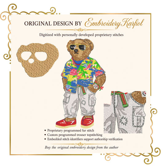 Teddy bear “Tropical motifs” Fashionable bear wearing glasses and a shirt with tropical motifs Embroidery