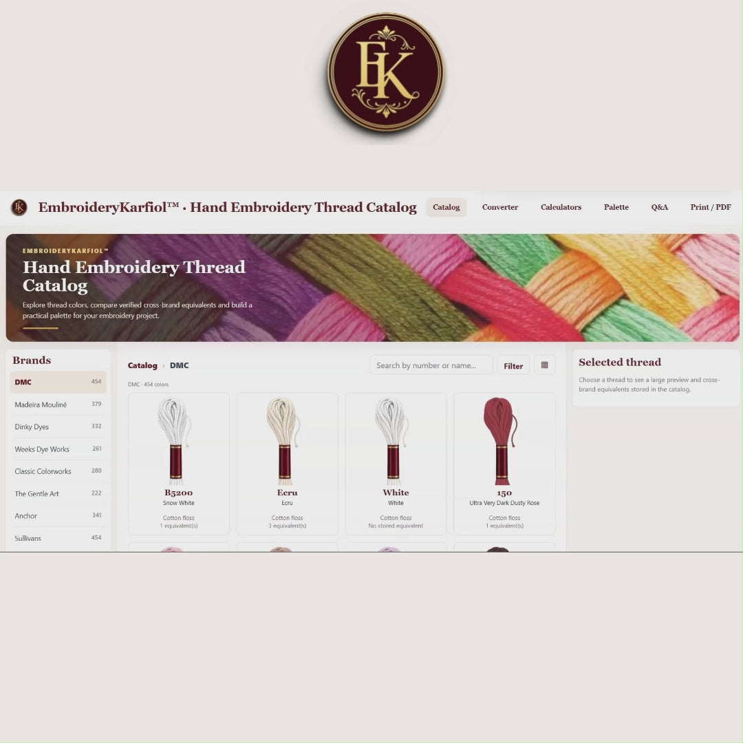 Interactive Hand Embroidery Thread Catalog | DMC Floss Converter, Color Matching, Cross Stitch Calculators & Palette