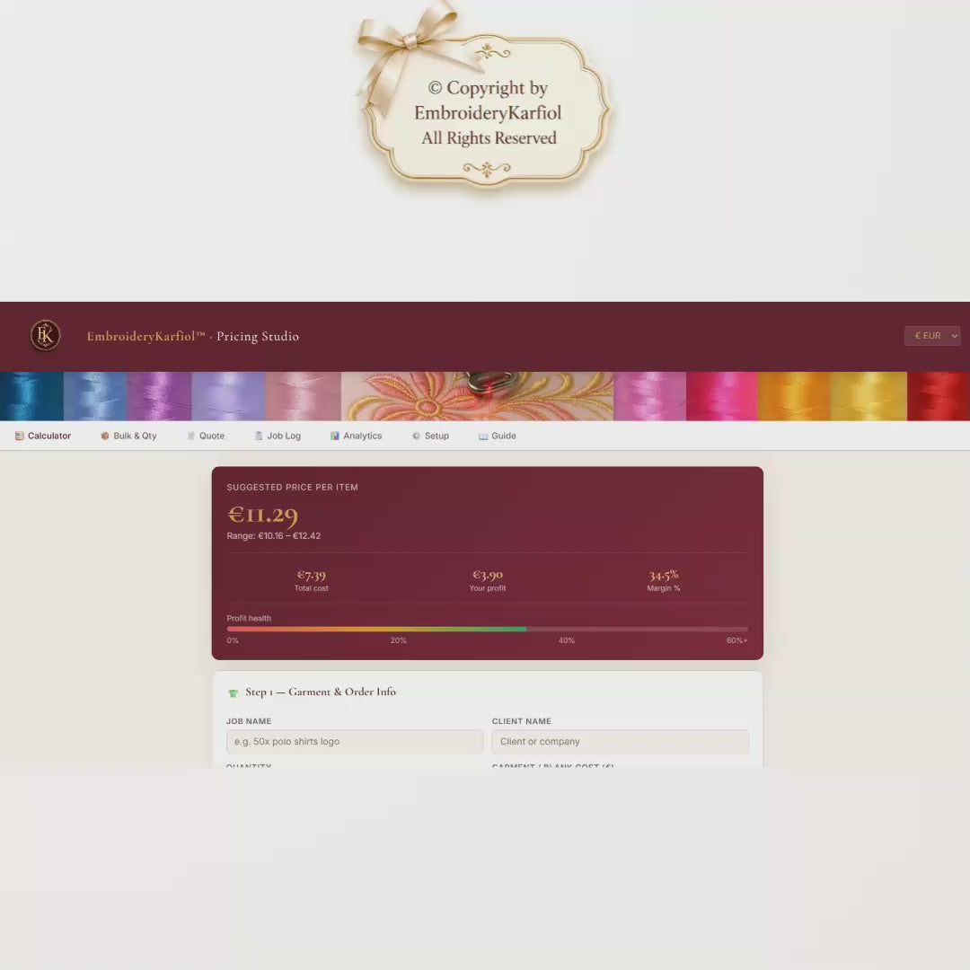Embroidery Pricing Calculator — Interactive HTML Tool, Quote Builder, Job Log, Bulk Pricing, No Google Sheets - Digital Download