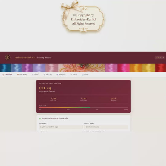 Embroidery Pricing Calculator — Interactive HTML Tool, Quote Builder, Job Log, Bulk Pricing, No Google Sheets - Digital Download