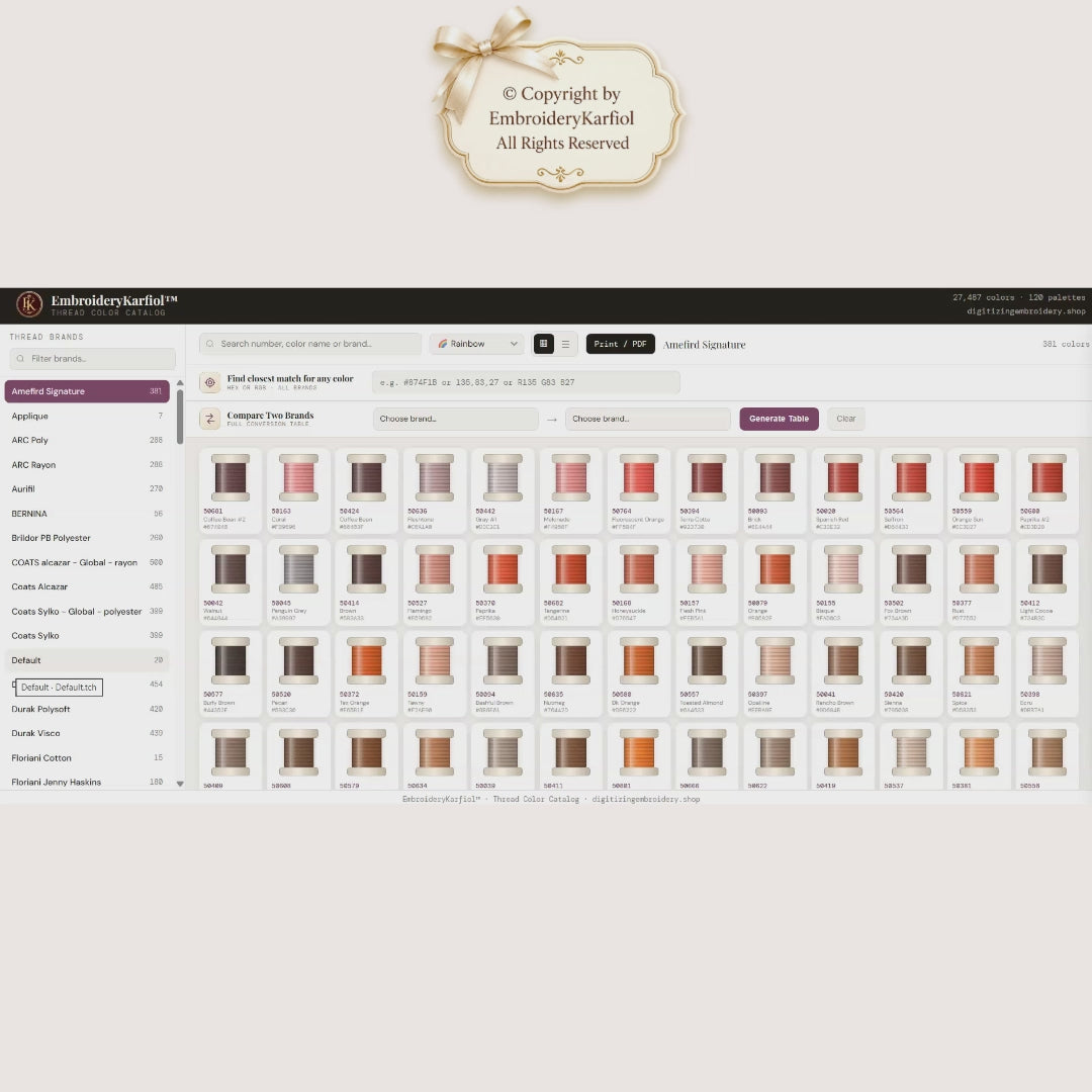 Interactive Thread Brand Converter | 120 Brands | Brand-to-Brand Color Conversion Table | RGB/HEX | Print to PDF | Instant Download