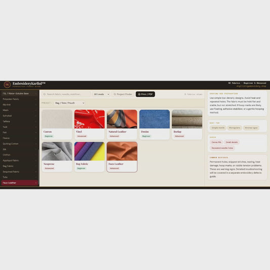 Interactive Fabric Guide for Machine Embroidery | 40 Fabrics | Needle Stabilizer Thread | Digital Tool | Beginner to Advanced
