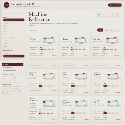 Interactive Embroidery Machine Reference — Formats and Hoop Sizes | Search, Filter and Print | Brother Janome Bernina Singer Pfaff