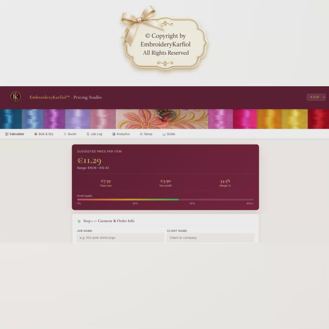 Embroidery Pricing Calculator — Interactive HTML Tool, Quote Builder, Job Log, Bulk Pricing, No Google Sheets - Digital Download