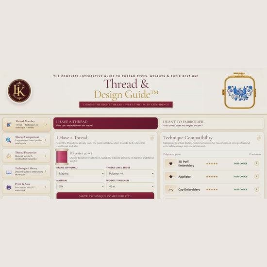 Interactive Thread Guide — Choose the Right Thread for Any Design, Avoid Ruined Embroidery, 110+ Brands, 27,343 Colors, Never Guess Again