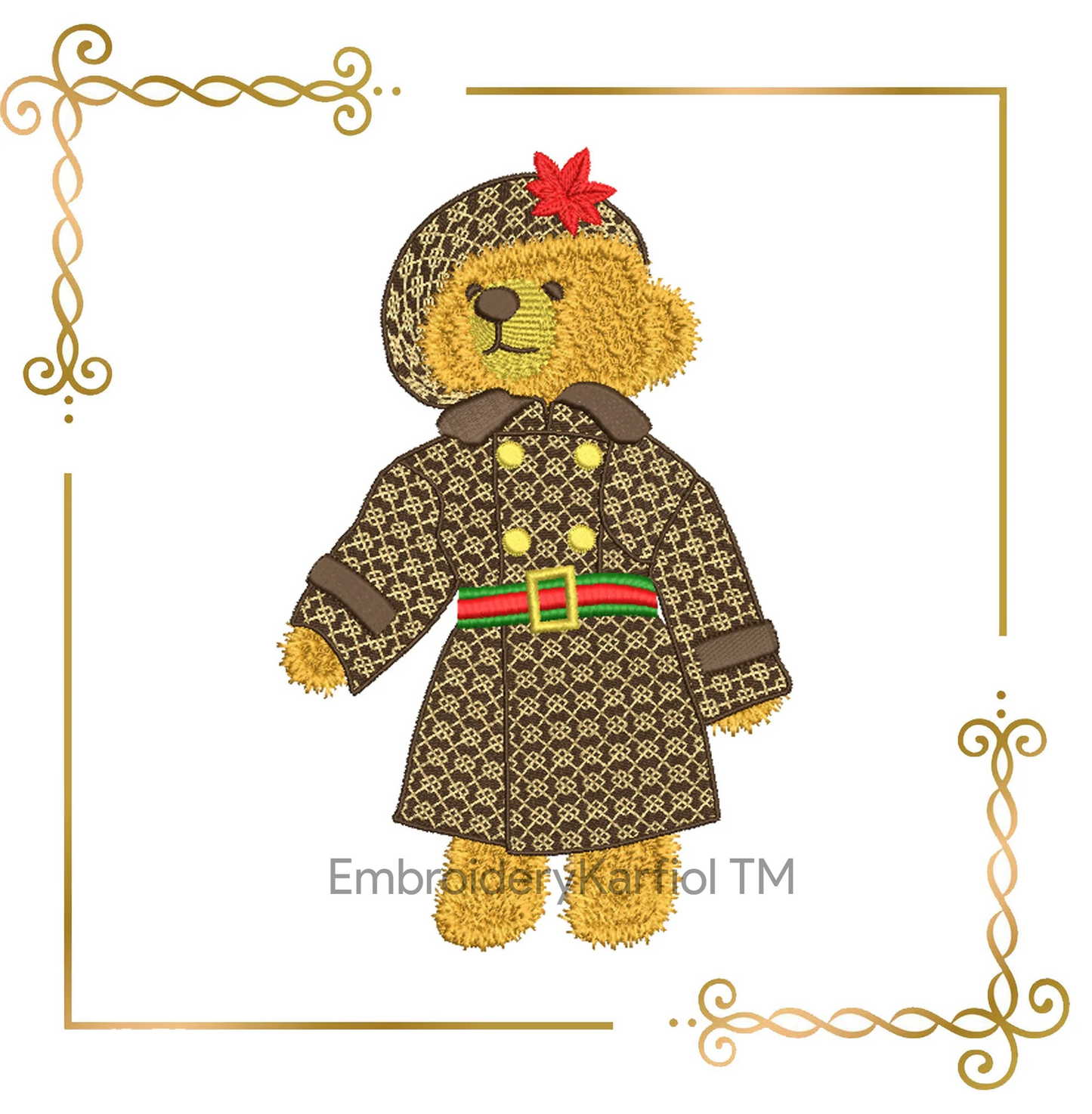 Watermarked - Teddy Bear Super Fashion Gucci dress girl cartoon character  embroidery design