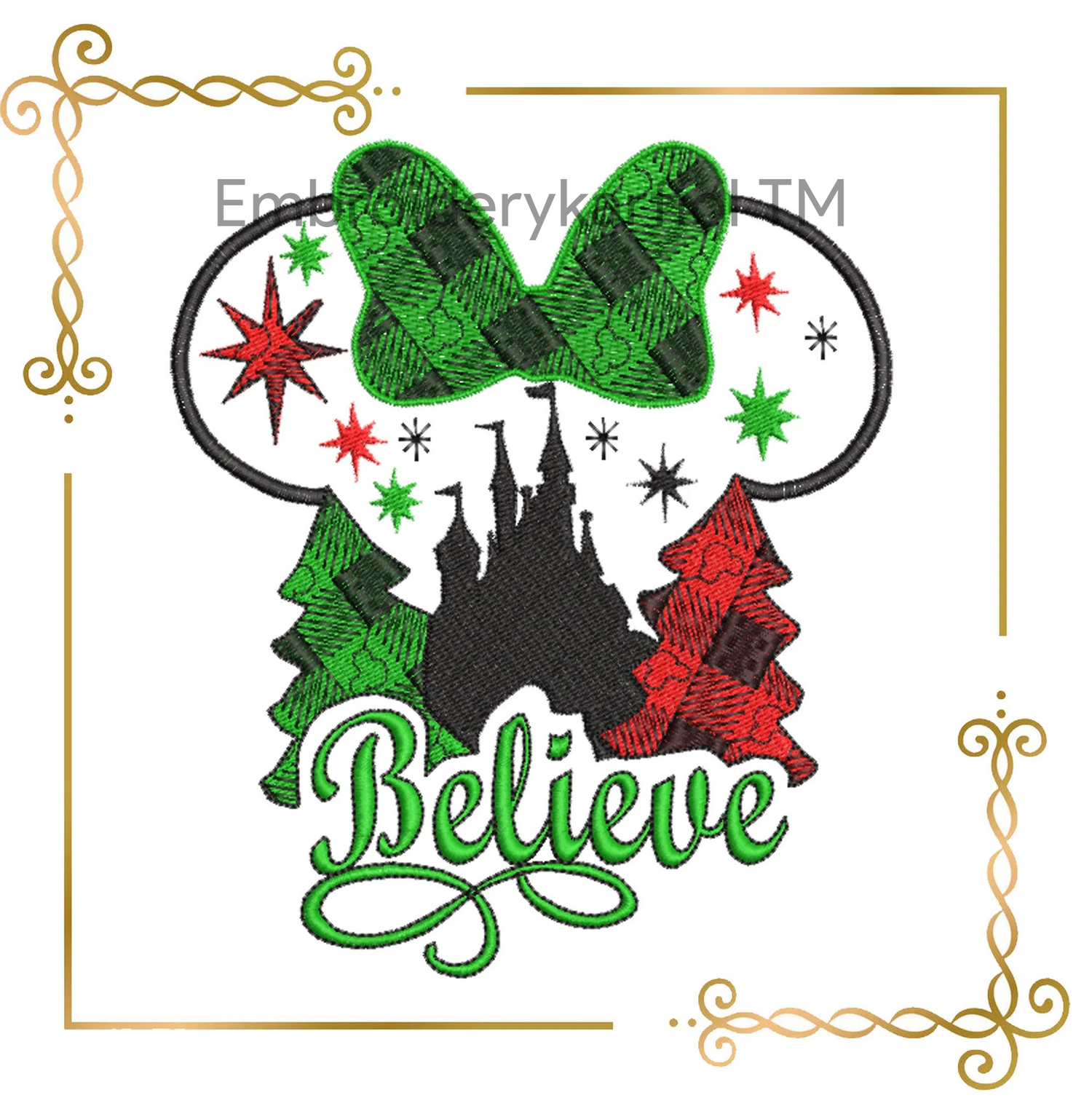 Watermarked - Mouse Christmas Believe Christmas Tree and Castle embroidery design to the direct download