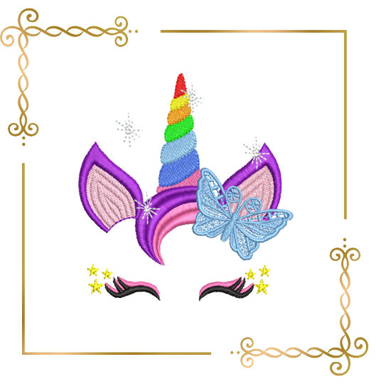 Unicorn with a lace butterfly, 2 sizes,  embroidery design to the direct download