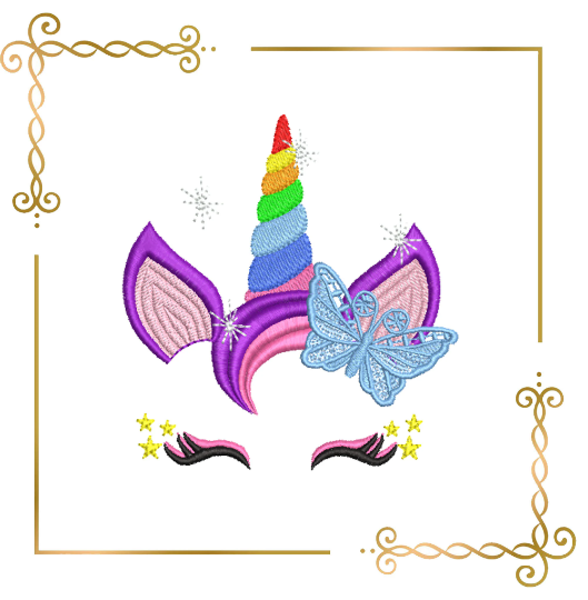 Einhorn mit Spitzenschmetterling, 2 Größen, Stickmuster zum Direktdownload