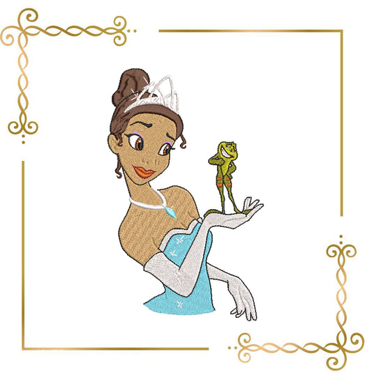 Princess Tiana Disney in a blue dress holding a frog, digital design for embroidery