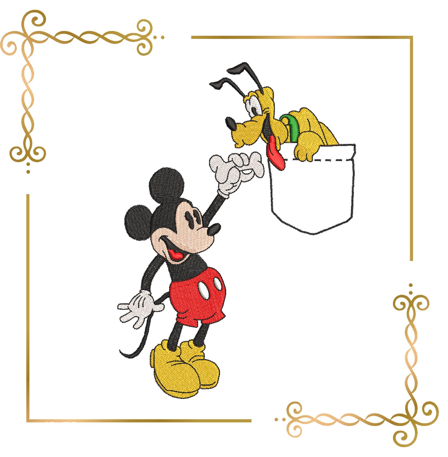 Mouse  Mickey and his friend Pluto, imitation pocket, Fantasy,  parody, embroidery design to the direct download.