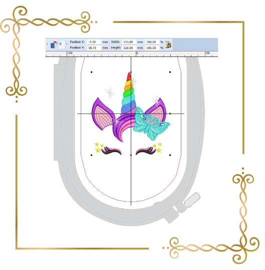 Einhorn mit Spitzenschmetterling, 2 Größen, Stickmuster zum Direktdownload