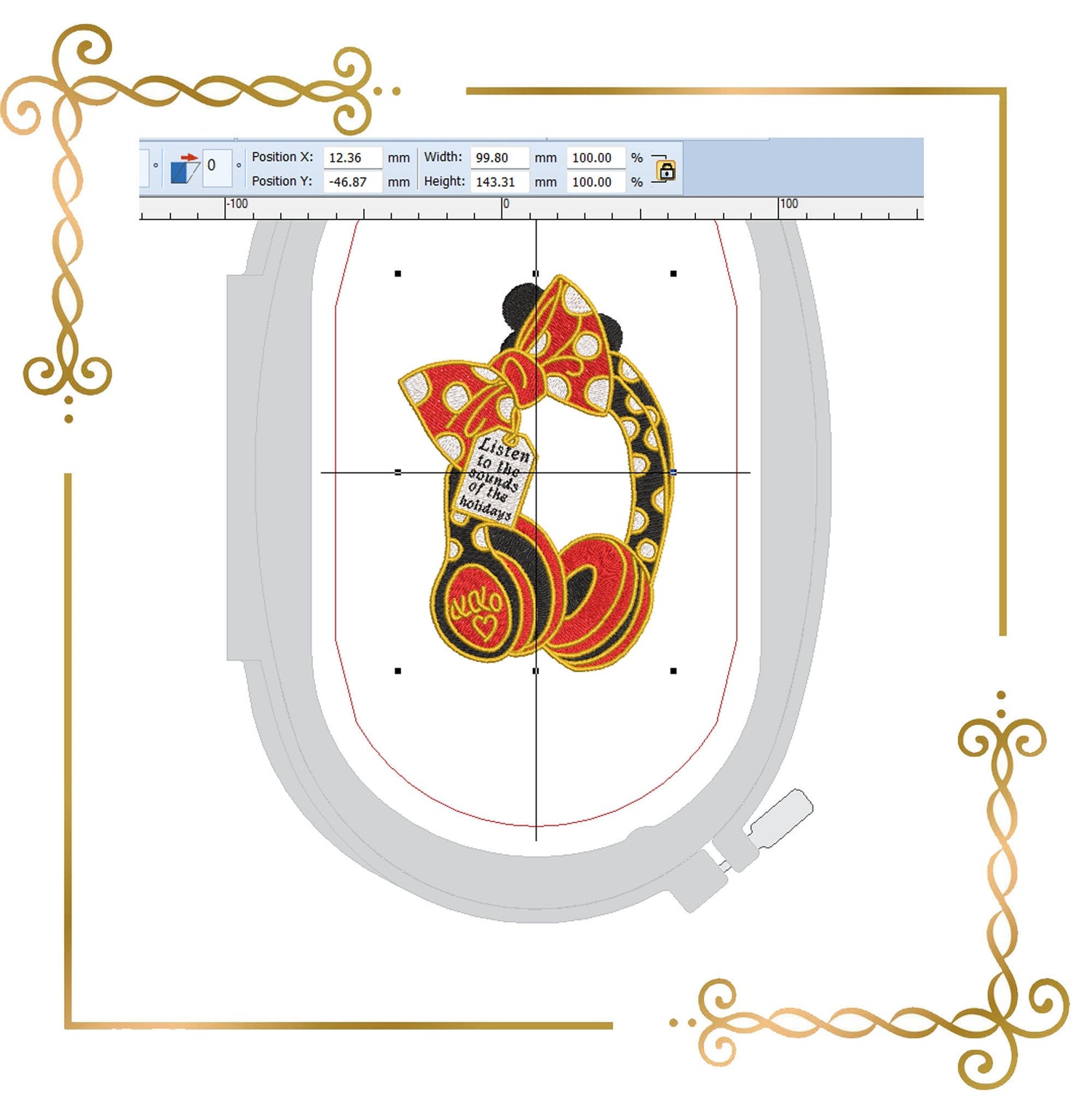 Minnie Mouse accessories head phones holiday music digital machine embroidery design