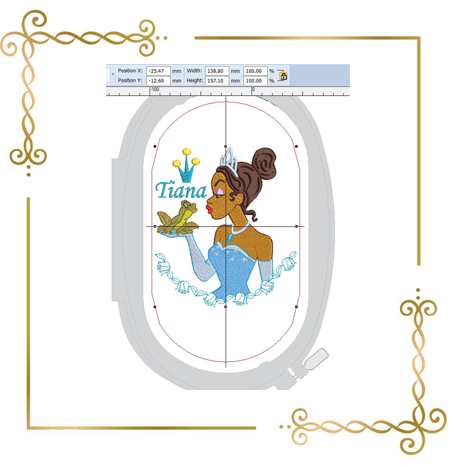 Princess Tiana with a crown and a frog - Disney character design for embroidery - inscription Tiana