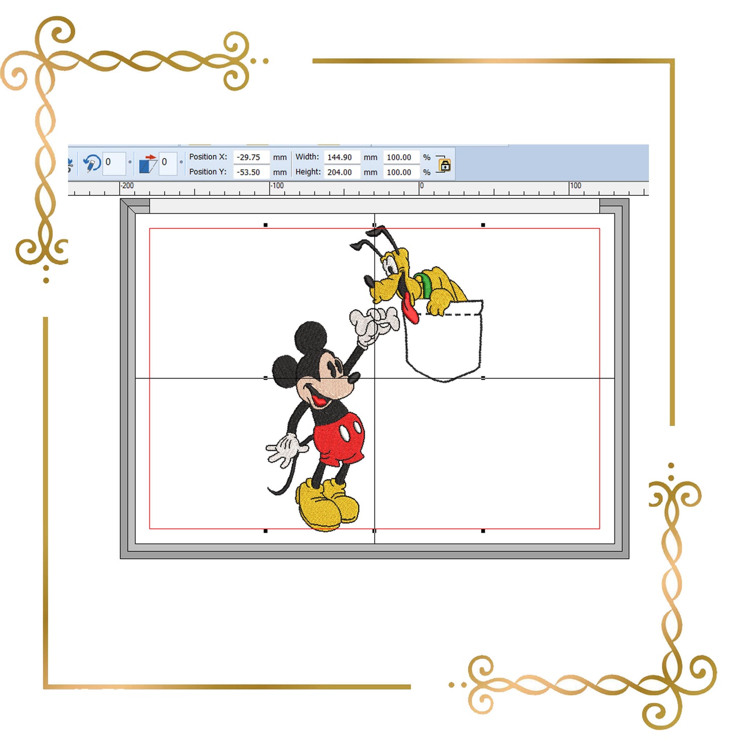 Mouse  Mickey and his friend Pluto, imitation pocket, Fantasy,  parody, embroidery design to the direct download.