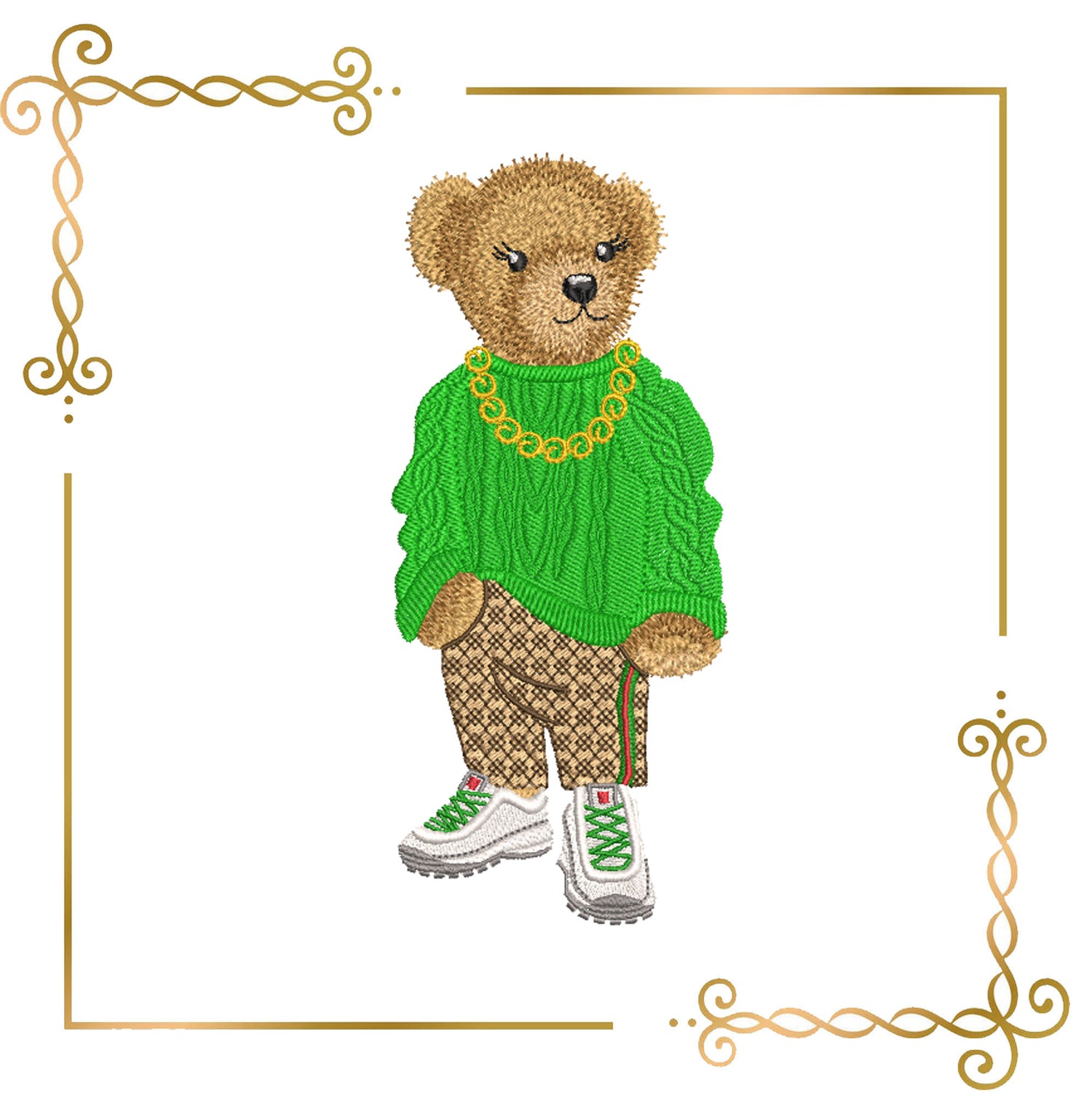 Teddy Bear Super Fashion Gucci sweater sneakers cartoon character digital embroidery design