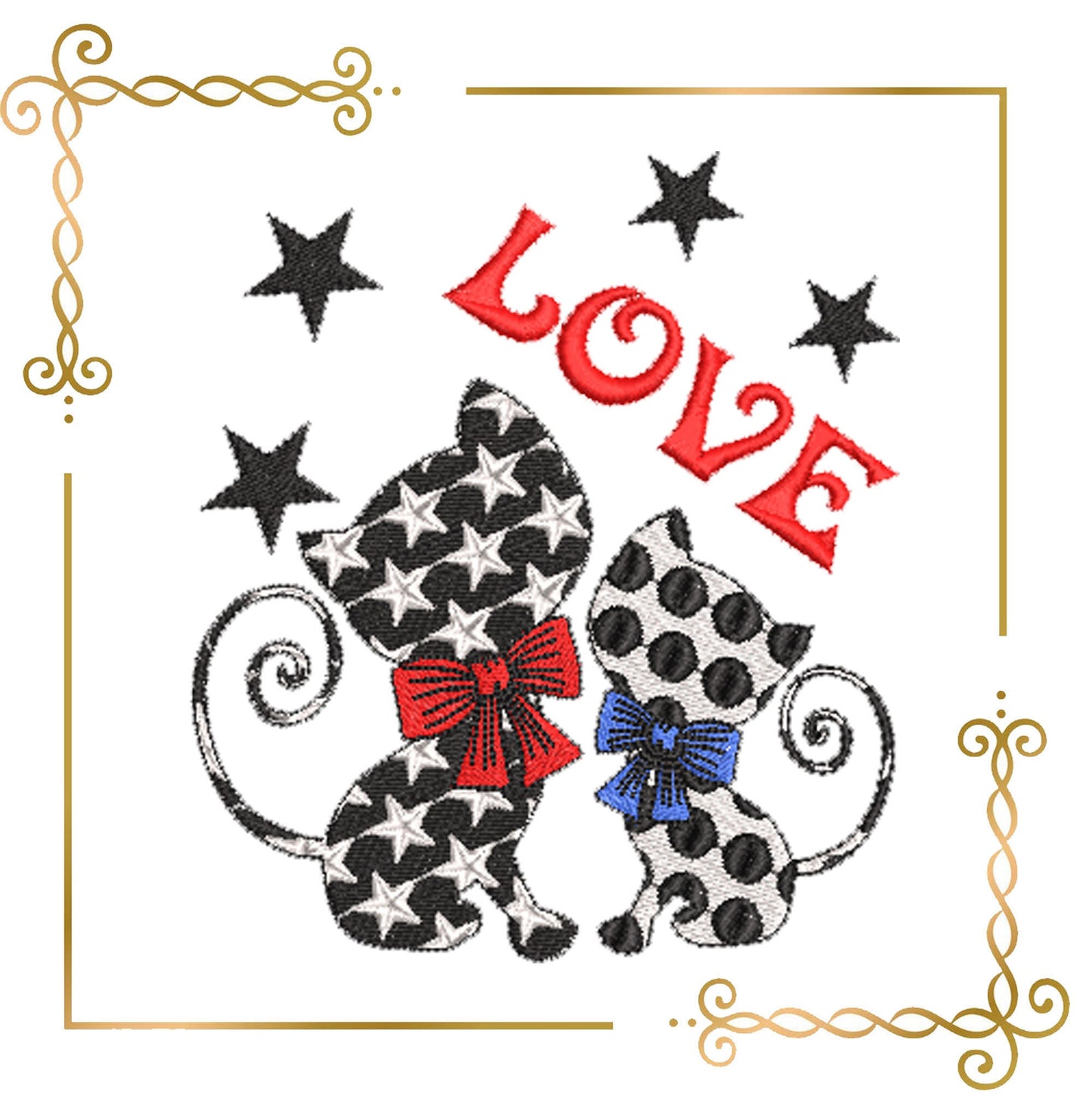Gift design - Two Kitties sitting - Valentines Day cartoon Love, embroidery design