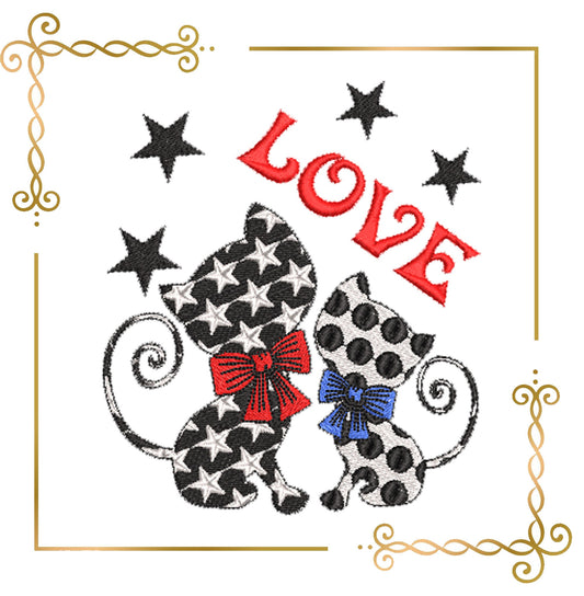 Gift design - Two Kitties sitting - Valentines Day cartoon Love, embroidery design