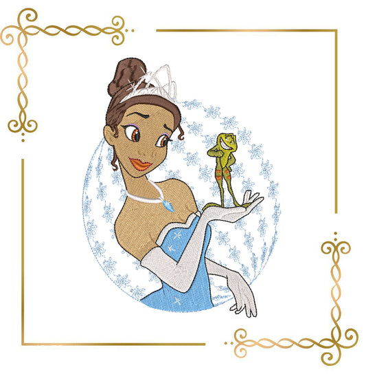 Princess Tiana Disney in a blue dress holding a frog, digital design for embroidery