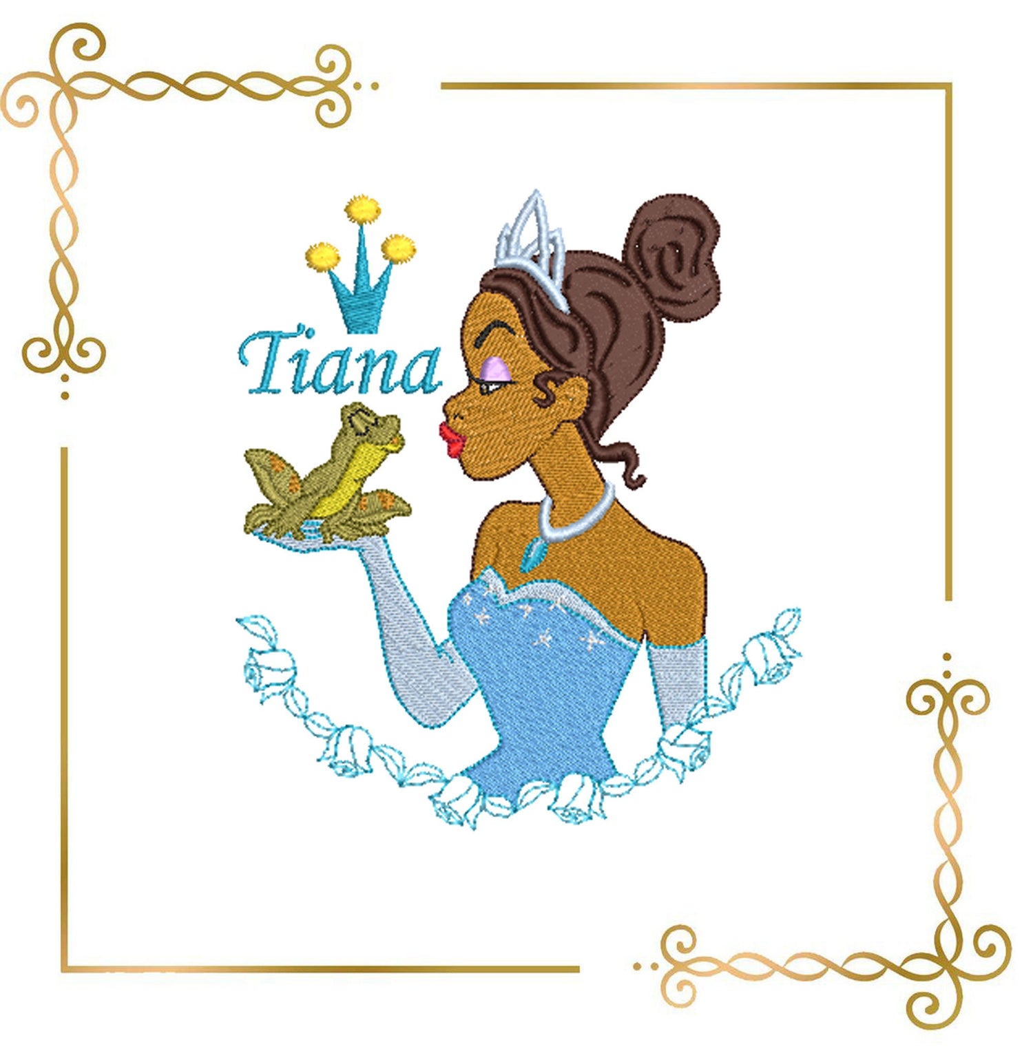 Princess Tiana with a crown and a frog - Disney character design for embroidery - inscription Tiana