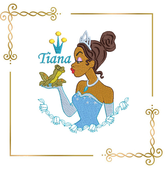 Princess Tiana with a crown and a frog - Disney character design for embroidery - inscription Tiana
