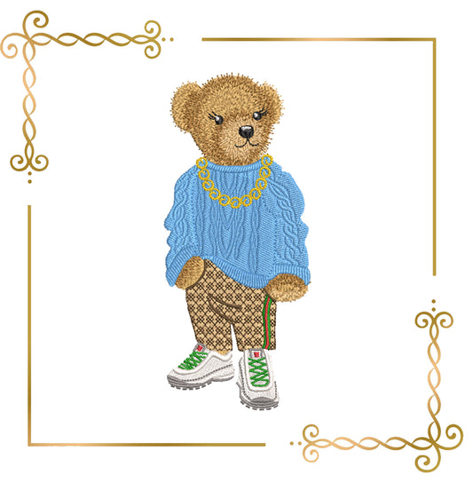 Teddy Bear - Ralph- Lauren- sweater sneakers - cartoon character - digital embroidery design