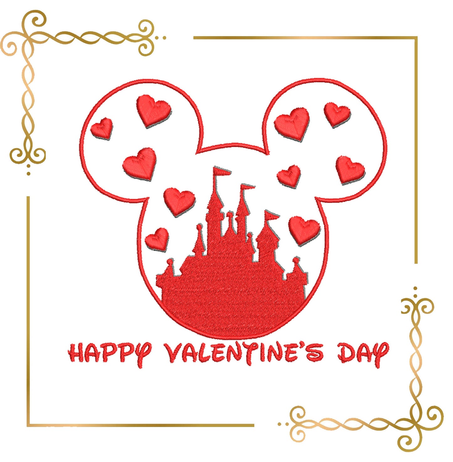 Valentine's Day  silhouette of Mickey Mouse's head with hearts and Disney castle - embroidery design