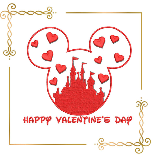 Valentine's Day silhouette of Mickey Mouse's head with hearts and Disney castle - embroidery design