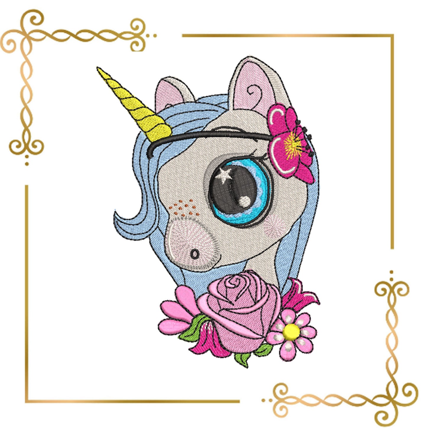 unicorn with a flower  embroidery design to the direct download.