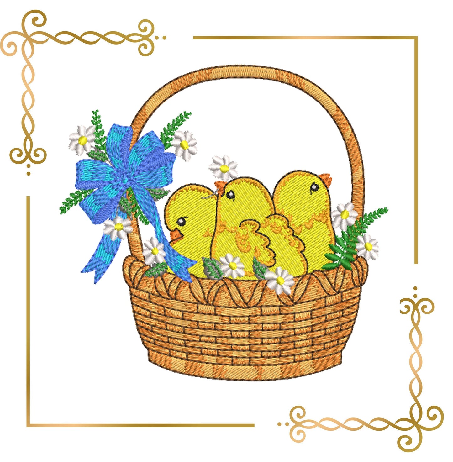 Easter chicks in a basket digital machine embroidery design