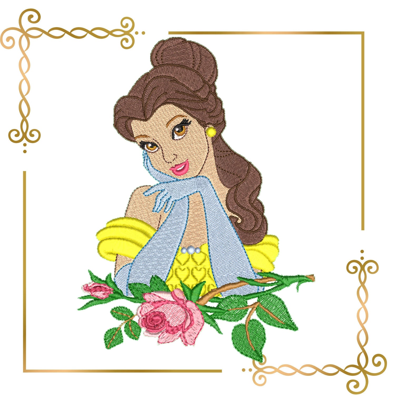 Princess Belle with a beautiful rose Disney characters embroidery design to the direct download.