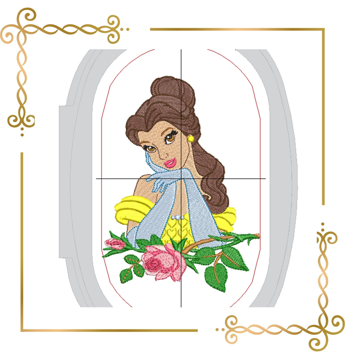 Princess Belle with a beautiful rose Disney characters embroidery design to the direct download.