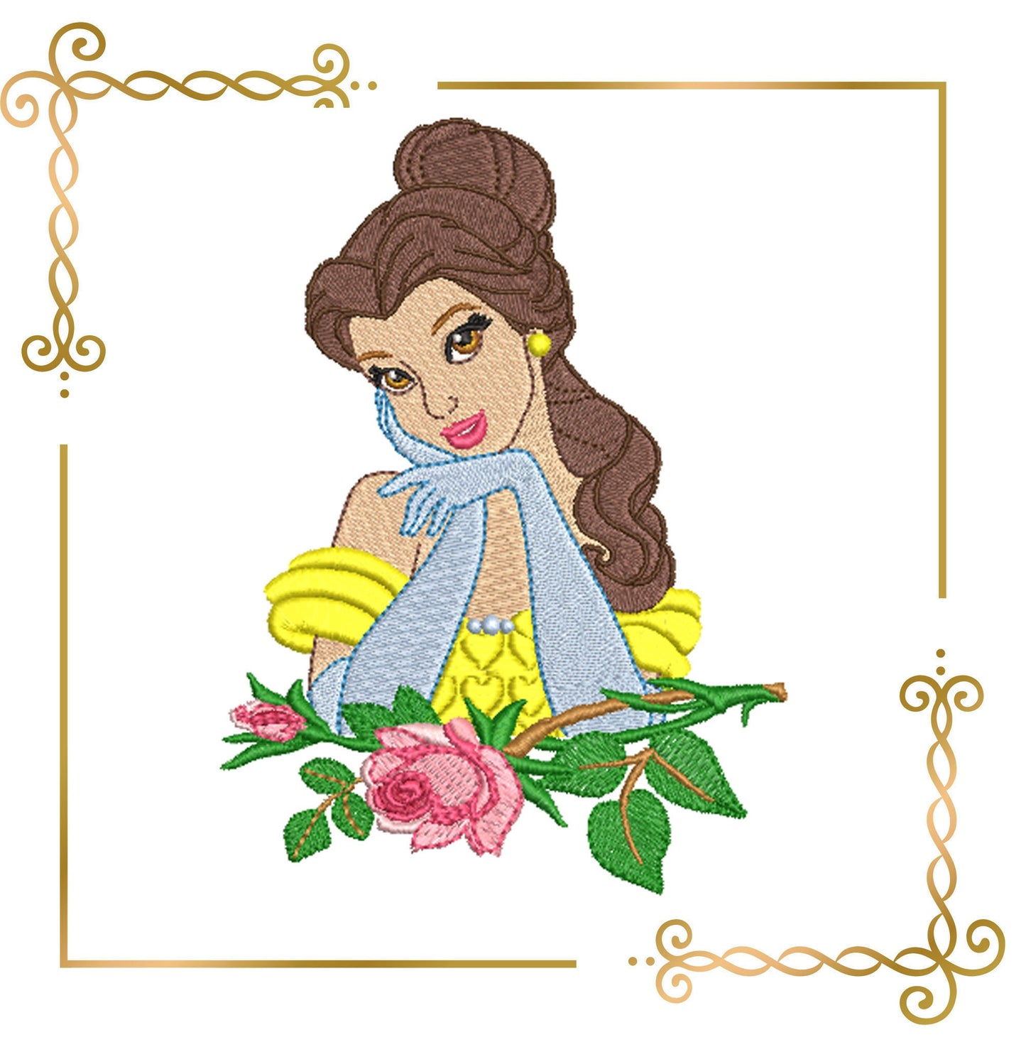 Princess Belle with a beautiful rose Disney characters embroidery design to the direct download.