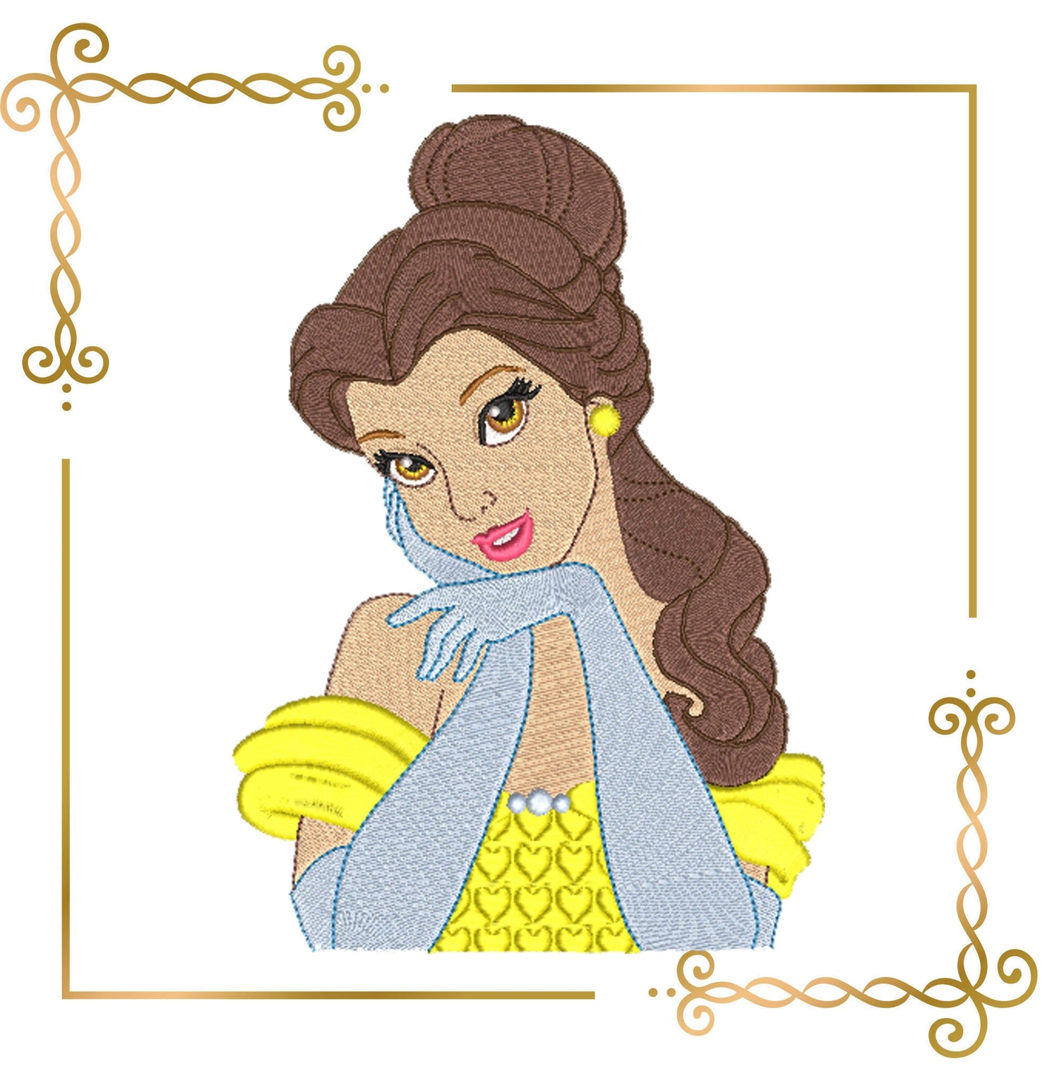 Princess Belle with a beautiful rose Disney characters embroidery design to the direct download.